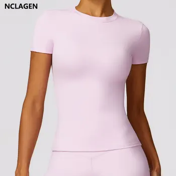 NCLAGEN Damen-Laufsport-T-Shirt, Sommer, kurzärmelig, Rundhalsausschnitt, atmungsaktiv, dehnbar