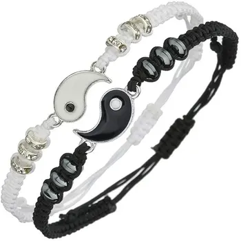 Schmuckset für Paare, schwarz, weiß, Tai-Chi-Armband, Seil, verstellbare Kette, einfacher Stil (2 Stück)