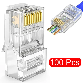 RJ45 CAT6 CAT5e Pass Through Steckverbinder Kristall Ende Vergoldet 8P8C Crimp UTP Standard (100 Stück)