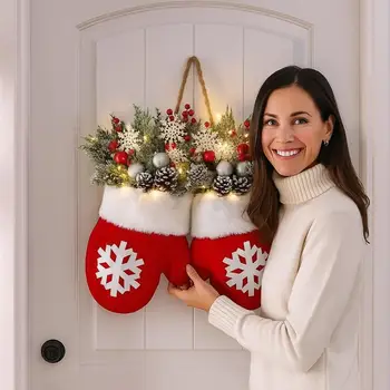 Weihnachtskranz für Innenräume, Festliche Wanddekoration, Weihnachtshandschuh-Kranz mit LED-Lichtern