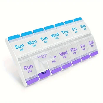 Pillenetui mit Druckknopf (7 Tage), Medikamentenplaner, Vitamin-Organizer, 2-maliger Tag AM/PM, große Fächer