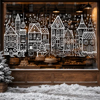 4 Blatt Weihnachts-Fensteraufkleber, Weiße Häuser Weihnachts-Fensterdekoration für Glas