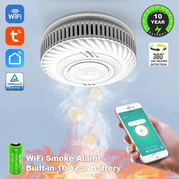 WiFi Tuya Smart Rauchmelder mit eingebauter 10-jähriger Lithium-Batterie für Wohnzimmer, Küche, Geschäft