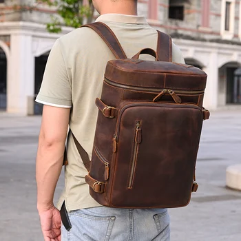 Luufan Leder Herren Reiserucksack Crazy Horse Echtes Leder Große Passform 15,6" Laptop Rucksack Student
