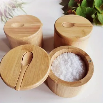 Salz Gewürz Gläser Pfeffer Glas Bambus Gewürz Box Schüssel Lagerung Topf Set Holz Zucker Container Halter