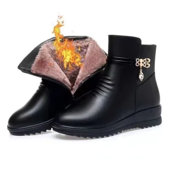 Leder-Damenstiefel, 2024, Winter, dicke Wolle gefüttert, echtes Leder, Damen-Schneestiefel, große