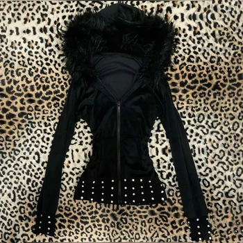 Frauen 2025 Gothic Ästhetische Herbst Winter Pelz Kragen Hoodie Beiläufige Dünne Chic Design Strickjacke