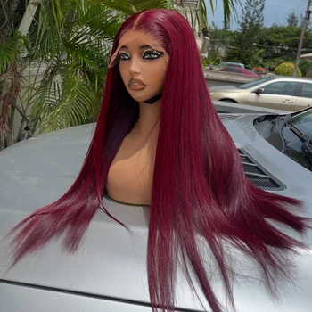 Gerade 99J Burgund Rot Farbe Synthetische 13X4X1 HD Spitze Frontal Perücke Für Frauen Prepucked Bleach Knoten