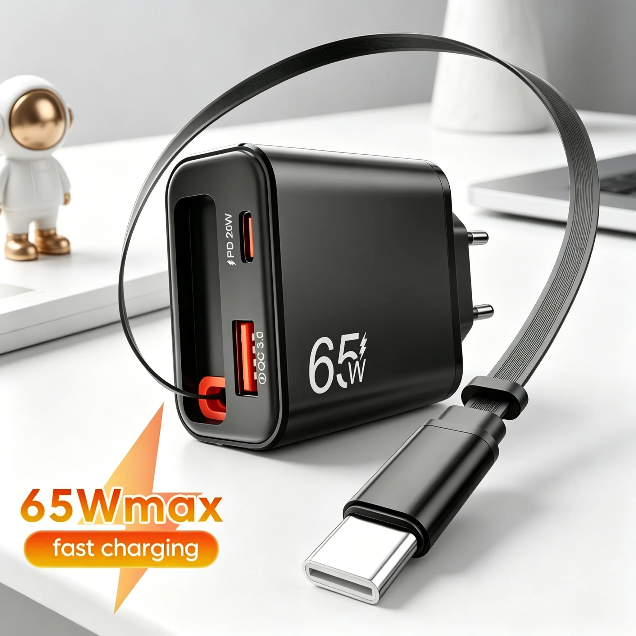 USB-Ladegerät 65 W mit einziehbarem USB-C Kabel