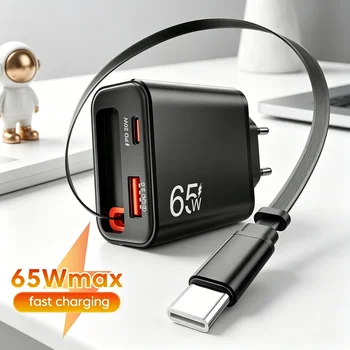 65W USB-Telefonladegerät mit einziehbarem superschnellem Ladekabel Typ C für iPhone 17 16 POCO Xiaomi QC 3.0
