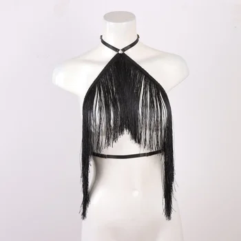 Schwarzes Neckholder-Top mit Quasten für Damen, verstellbares elastisches Geschirr, Ganzjahresbekleidung