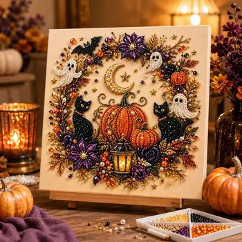Halloween Geister & Kürbis 3D Perlen-Kunst DIY-Set für Erwachsene Niedliches Gruseliges Diamant-Malerei