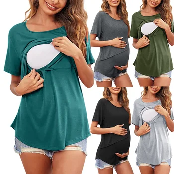 Umstandsmode für Damen, kurzärmelig, Rundhalsausschnitt, einfarbig, asymmetrische Klappe, gesmokt, Tops