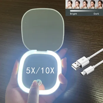 Mini kompakter faltbarer Taschen-LED-Make-up-Spiegel mit LED-Licht, 5 x/10 x Vergrößerung, wiederaufladbar
