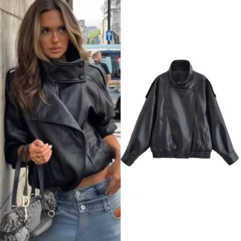 Damenjacke, Herbst 2022, neue schwarze Langarm-Jacke aus Kieselstein-Kunstleder, Motorrad-Stil