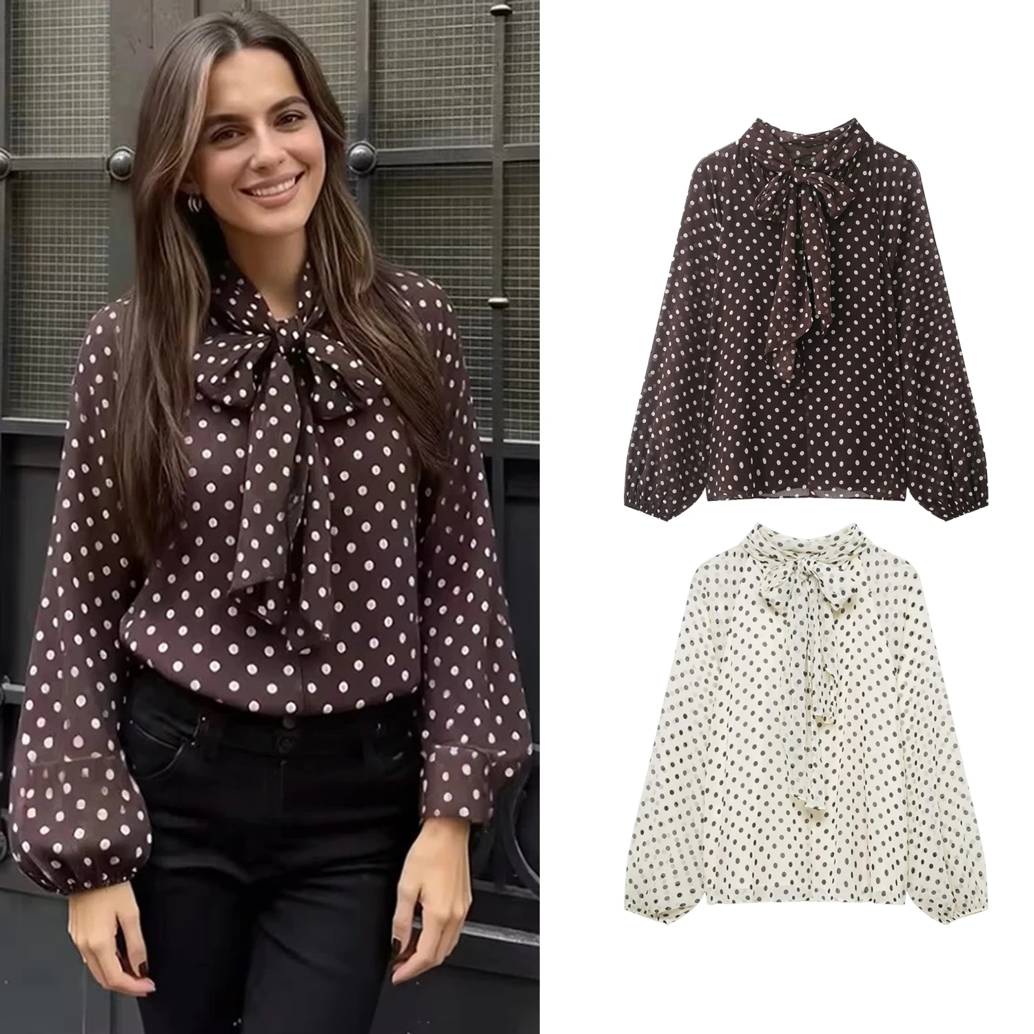 Damen Bluse mit Punktemuster Frühling Herbst Mode Langarm