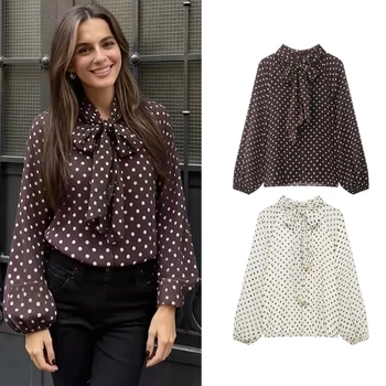 Damen Bluse mit Punktemuster Frühling Herbst Mode Langarm Schleife Schnürung Bluse Elegante High-Street-Bluse