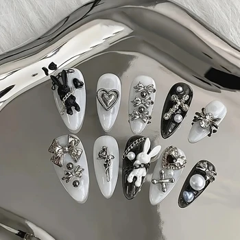 Personalisierte schwarz-weiße Nagelkunst, Kaninchen- und Schleifendekoration - gotischer (10 Stück)