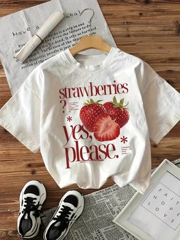 T-Shirt aus 100 % Baumwolle, Erdbeer-Grafikdruck, Damen-Vintage-Stil, lässig, bedruckt, Rundhalsausschnitt