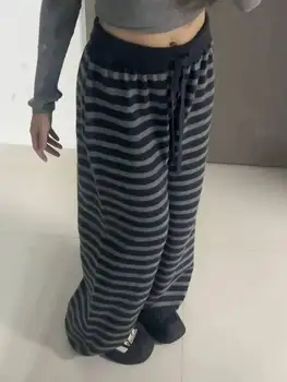 Harajuku Kontrast Farbe Streifen Breite Bein Hosen Vintage Grunge Lose Gestrickte Casual Hose Y2k Ästhetische
