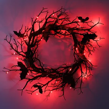 Halloween Künstlicher Kranz Fledermaus Schwarzer Zweig Kränze Kranz für Haustür mit LED-Licht Fenster Home