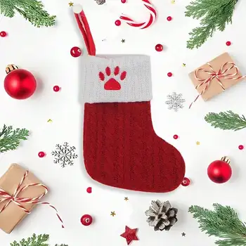Mini-Weihnachtsstrümpfe, gestrickte burgunderrote Weihnachtskaminstrümpfe mit Hundepfote, Aufbewahrungsbeutel