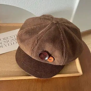 Vintage Cord Baskenmütze Hut für Frauen Koreanische Taste Achteckige Kappe Herbst Winter Maler Künstler Hüte