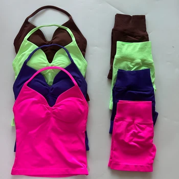 Kein Logo 2Pcs Gym Set Frauen Backless Tank Tops Hohe Taille Scrunch Nahtlose Shorts Gym Anzug Fitness