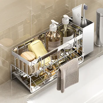Badezimmer Waschbecken Lagerregal Metall Abflussregal mit Besteckbehälter Geschirrspülschwammhalter