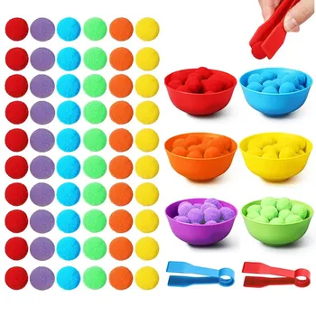 Kinder Zählen und Sortieren Spielzeug Pom Poms Regenbogenfarben Kunststoffschalen Pinzette Feinmotorik