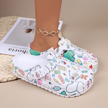 Damen-Pantoletten-Clogs mit Cartoon-Druck, verstellbare Schnalle, Krankenschwester-Schuhe, rutschfest