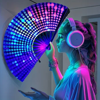 Ein großes Karnevals-Faltfächer-Set mit einem auffälligen Neon-Pilzmuster, das sowohl für Männer als auch