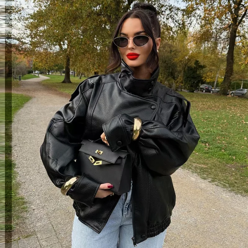 HXAO Neue Ankunft Damen Bomberjacke Leder Schwarz Jacken – Bild 6