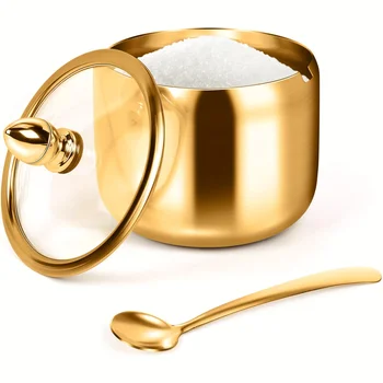 Goldene Edelstahl-Zuckerdose Gewürzbehälter mit Glasdeckel und Löffel für Kaffeebar und Küchenlagerung