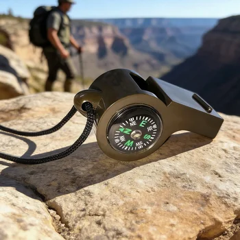 Notfall-Überlebenspfeife 3-in-1 Notfallpfeifen mit Kompass Thermometer Laute Sicherheitspfeife Schlüsselband