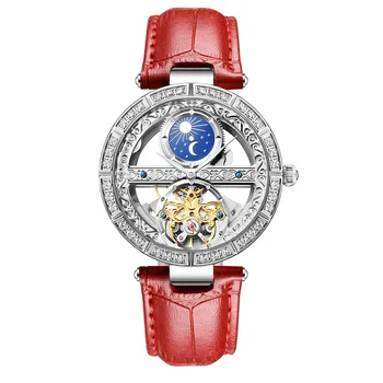 Automatische mechanische Damenuhr, Top-Marke, luxuriöse wasserdichte Lederuhr, Skelett-Tourbillon-Uhr, reloj
