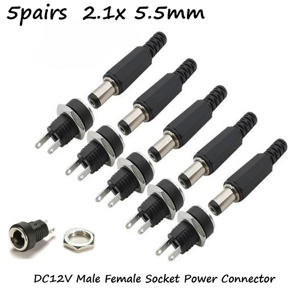 DC-Einbaubuchse und Stecker 12 V, Schraubmontage, 5 Paar