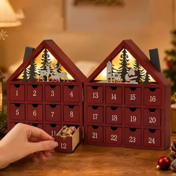 Weihnachts-Holzkalender Adventskalender Partygeschenk 24 Füllbare Schubladen LED-Countdown-Haus für Männer