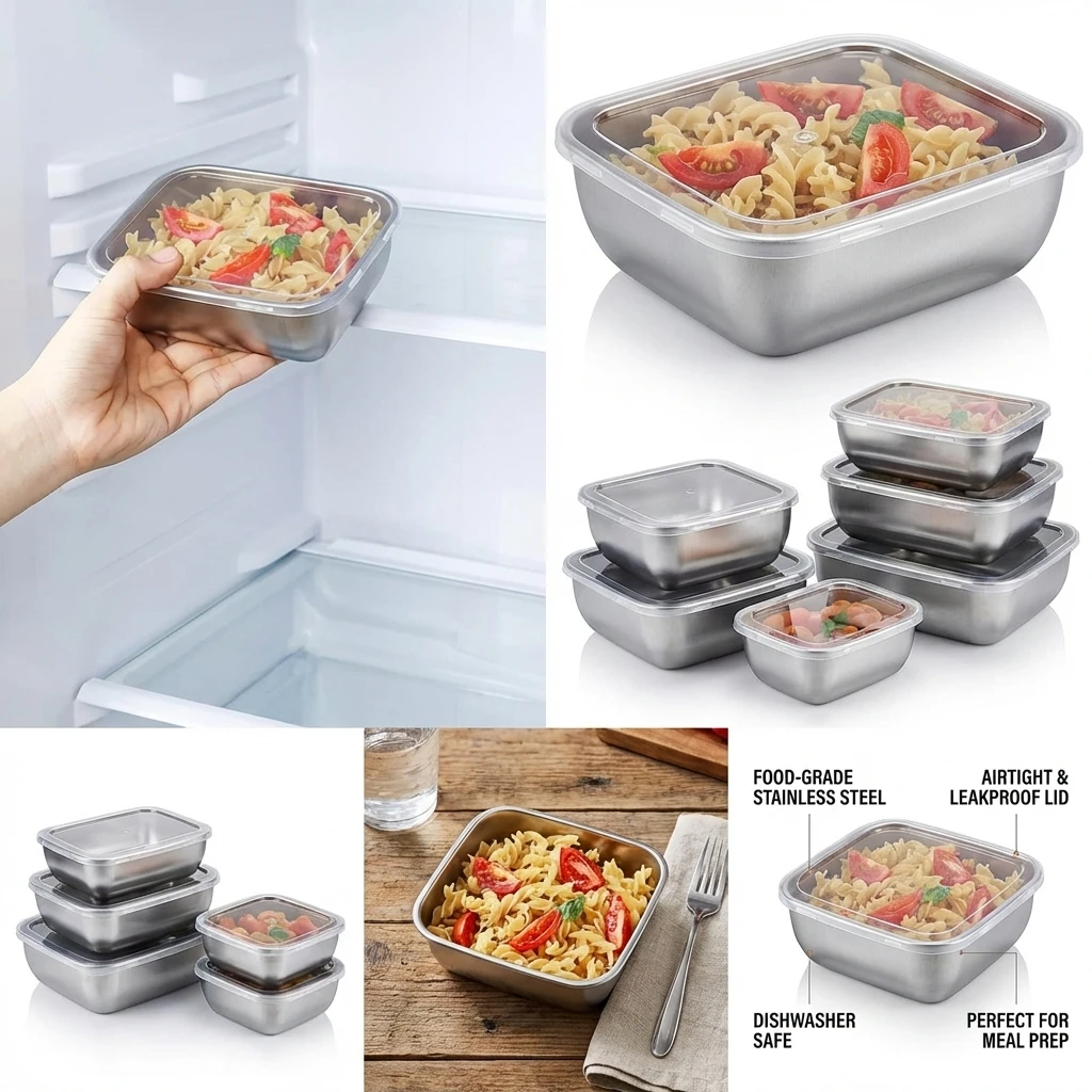 5-teiliges Set Edelstahl-Lebensmittelbehälter Stapelbare – Bild 4
