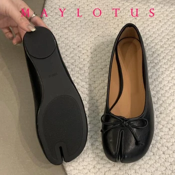 Frühling Frauen Flache Split Toe Schuhe mit Schleife Weiche Leder Fliege Vorne Flach Slip Auf Mädchen Tabi