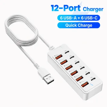 12-Port USB-Ladegerät 6 USB-A 6 USB-C Desktop-Ladestation Schnellladegerät Multi-Port-Netzteil mit 1M Kabel