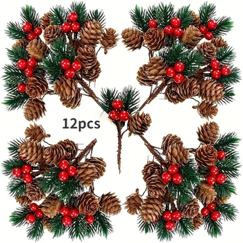 Künstliche Tannenzapfen mit Roten Beeren Ornament, Weihnachtsdekoration (12 Stück)