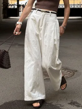 Weiße Baumwoll-Leinen-Hose für Damen, weites Bein, formelle Hose, Sommer-Anzughose mit geradem Bein, hohe