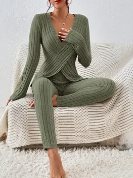 Loungewear-Set für Damen, geripptes Strick-Wickeloberteil mit V-Ausschnitt und langen Ärmeln (2 Stück)