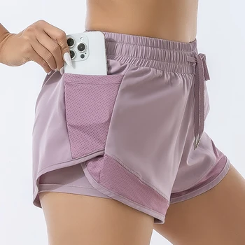 Lockere Sportshorts für Damen, hoch tailliert, doppellagig, blendfrei, Yoga-Fitnesshose, Laufen, schnell