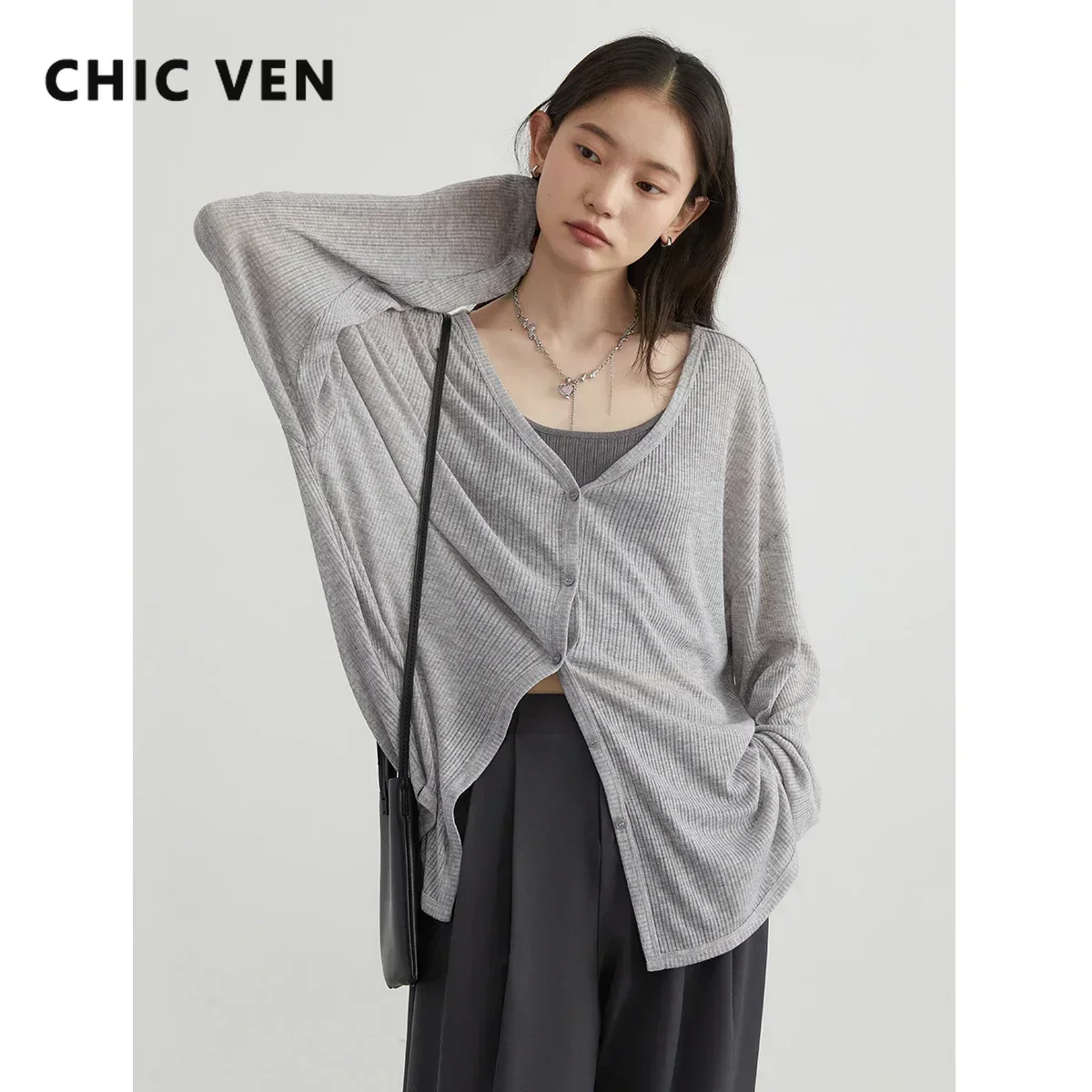 CHIC VEN Damen-Cardigan Neu V-Ausschnitt Langarm Damen-Shirt