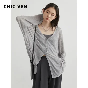 CHIC VEN Damen-Cardigan Neu V-Ausschnitt Langarm Damen-Shirt Damen-Pullover Sonnenschutz Damen-Oberteil