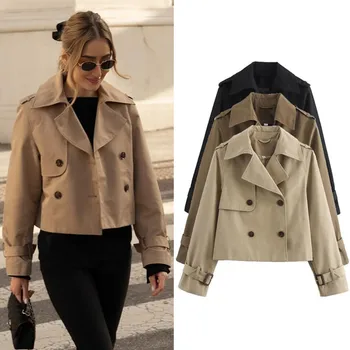 Damen Vintage Gestellte Graben Frühling Herbst Jacke Frauen Streetwear Zweireiher Langarm Top Weibliche Chic