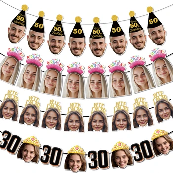 Individuelles Geburtstags-Fotobanner, personalisiertes Gesichtsfoto, Wimpelkette für Erwachsene (8 Stück)