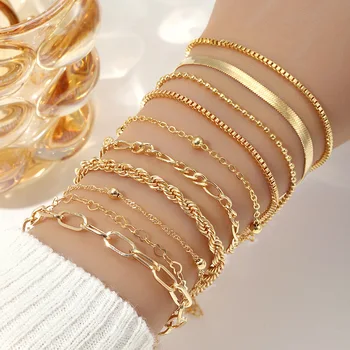 Vintage Statement Goldfarbe Flache Schlangenkette Box Kettenarmband Boho Mehrschichtiges (10 Stück)